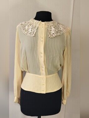 Cream Lace-Collar Sheer Blouse with Pearl Buttons